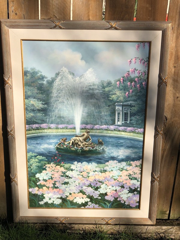 Gorgeous Oil Painting The Garden Fountain With Cherubs 43”X31” Signed F. Jayson