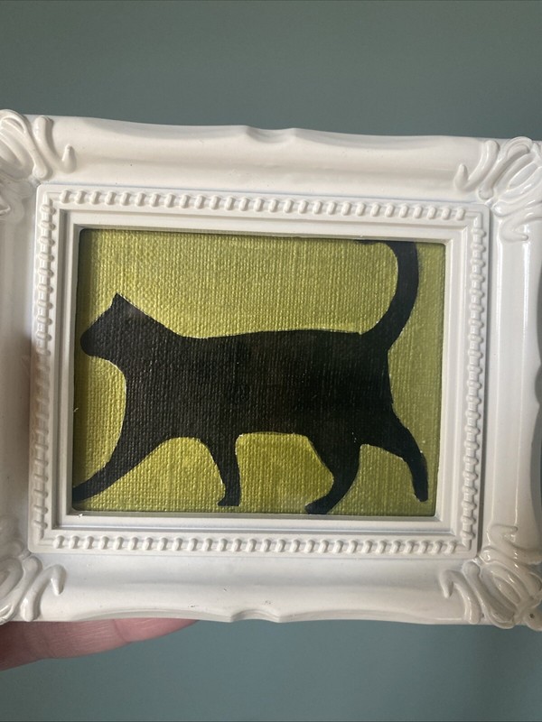 Funny Black Cat,Original Painting On Paper,3/4,framed,miniature,small,mini