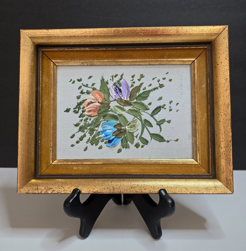 Original Impasto Floral Oil Painting, thick gold box frame, not signed 5×7