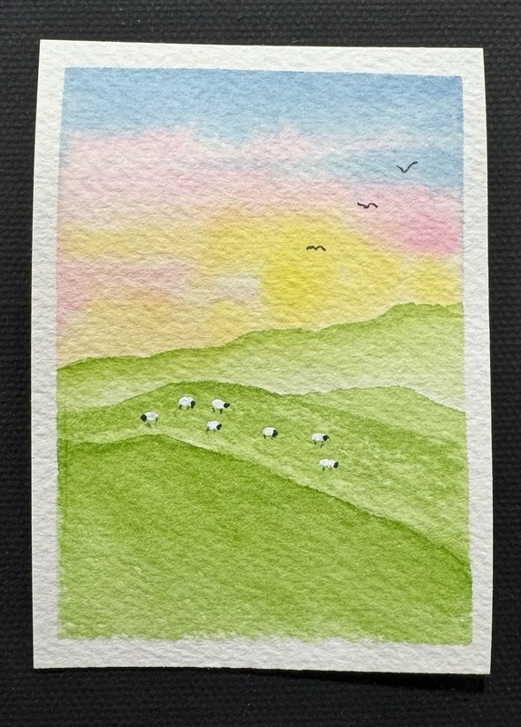 Original Watercolor ACEO Landscape, Sheep “pastures At Dawn” Signed Dated OOAK
