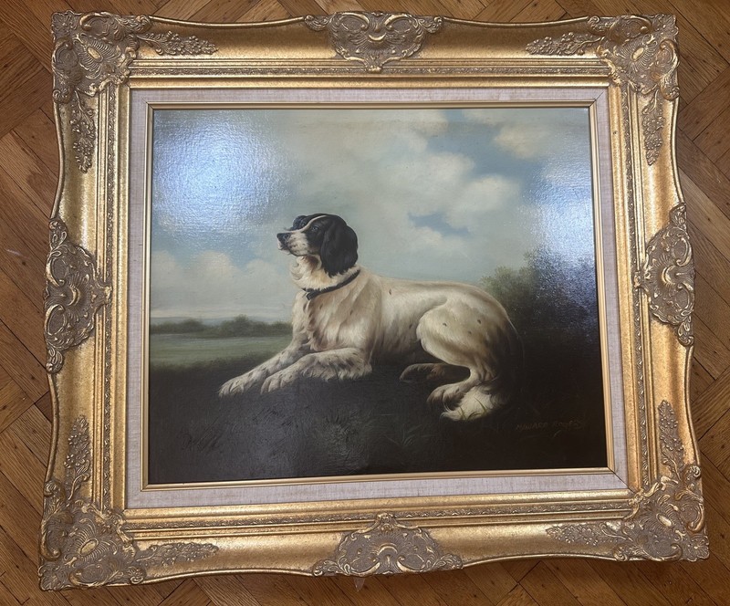 Howard Rogers Signed Oil Painting On Canvas English setter Dog Gilt Gold Frame