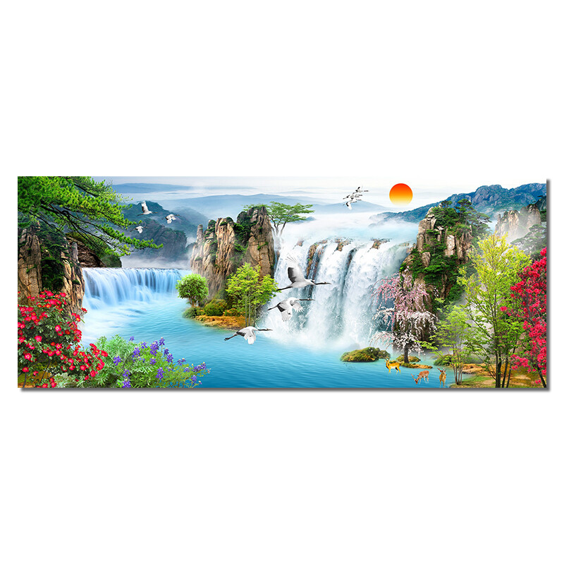 Waterfall Sunset Landscape Canvas Painting Lake Bird Posters and Prints Wall Art