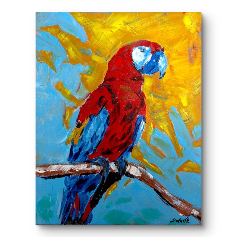 Scarlet Macaw Parrot 11x14 Painting Fauvist Tropical Red Yellow Canvas SWhite gallery