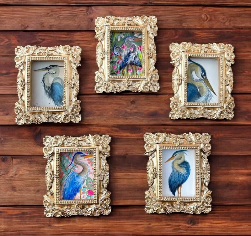 “Blue Heron Heaven” Collection art prints framed mini vintage style ornate frame