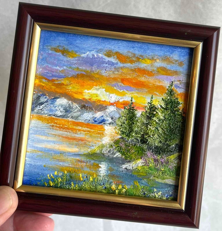 Sea Mountains SUMMER LANDSCAPE ORIGINAL Art Oil painting Flowers 4 x 4 in gallery