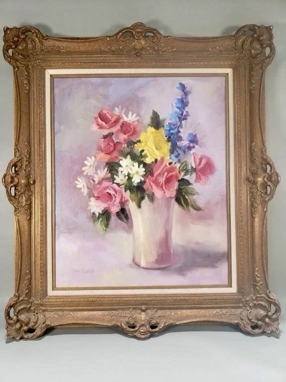 Marie Hunter Original Oil Painting Roses Daisies Floral Still Life 23.5×19.5