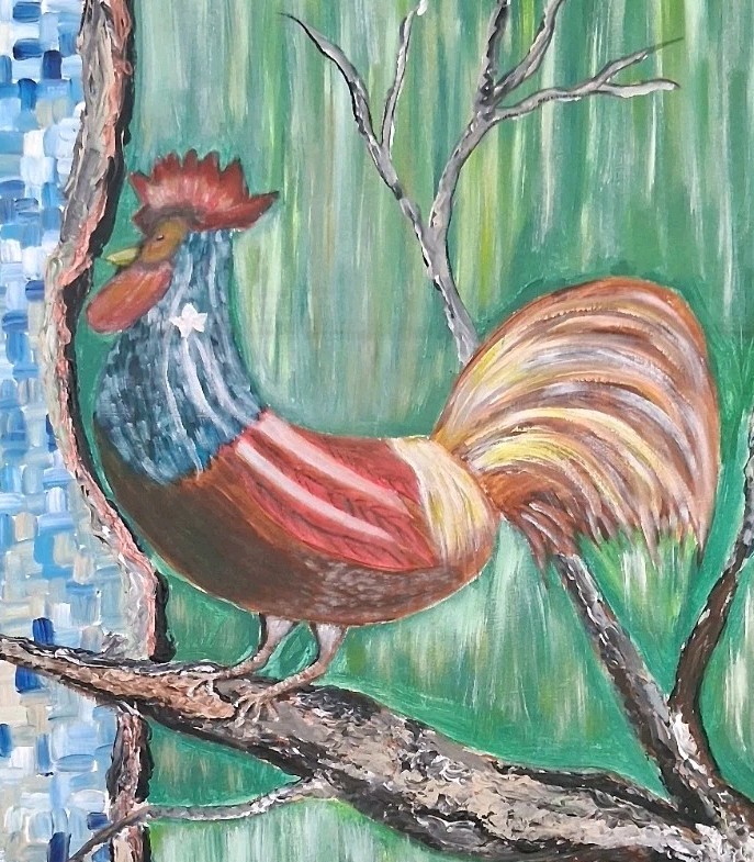 Gallo con la Bandera de Puerto Rico pintura en acrilico enmarcado de R.Ramirez