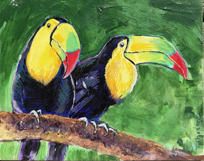 Original Acrylic Painting On Canvas Board Of Two Toucan Birds 8×10 By Chesser
