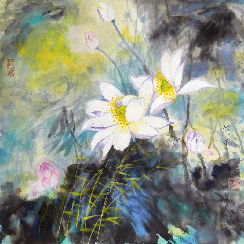 Fine Art, signed original Chnese Brush painting, unframed «Floral Whit (s)»