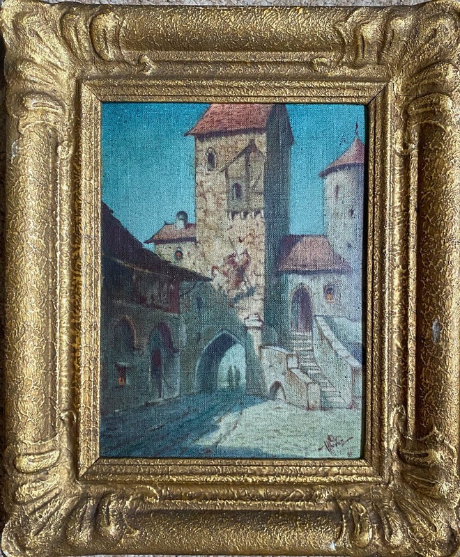 ::OIL PAINTING SIGN. LINZ MEDIEVAL CITY GATE WITH TOWER WHO KNOWS WHERE?