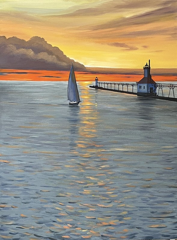 11×14 PRINT OF PAINTING RYTA Michigan lake lighthouse boat sunset seascape art