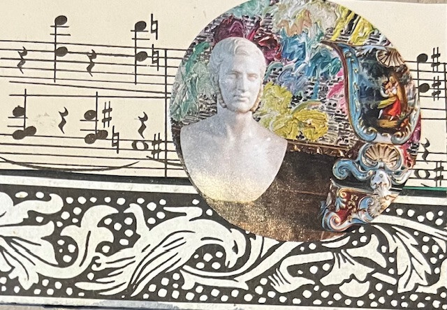 aceo OOAK original trading collage card by MaryAnn Lucas music statue