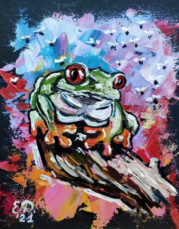 Original Painting Frog Artwork Colorful Animal Art Small Oil Painting 8×6 inches
