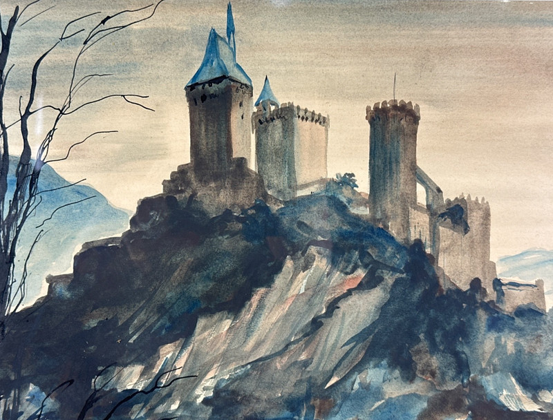 Dash, Antique Watercolour, View Castle Foix Medieval Ariège Claude Perrier Xx