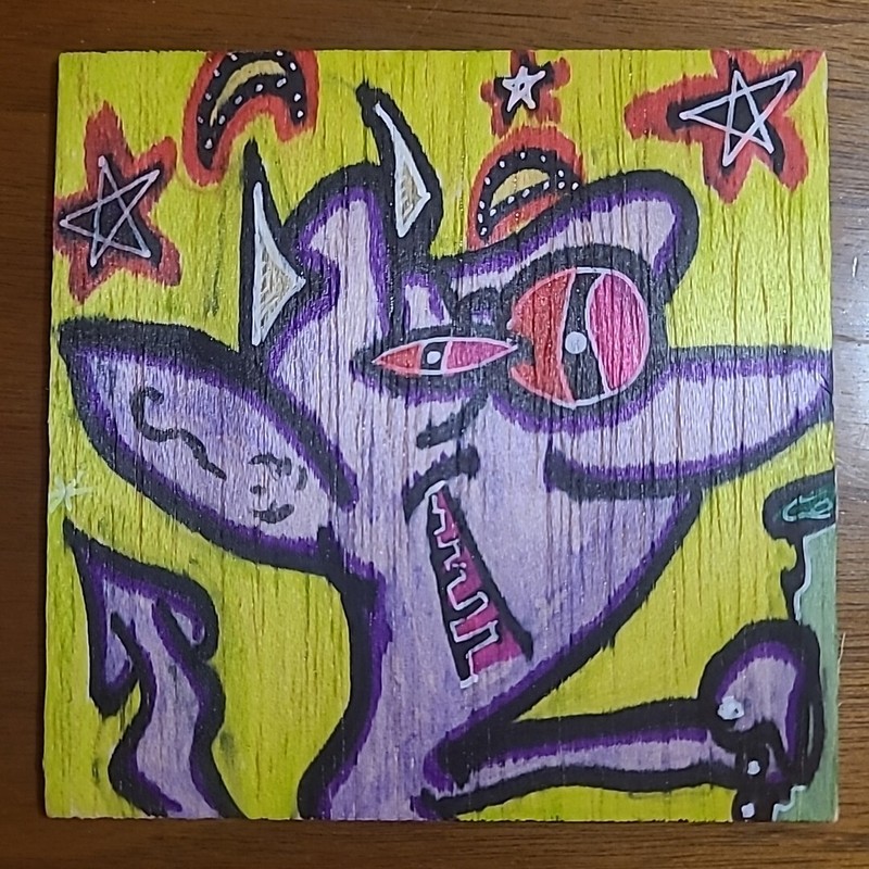 Original Painting Drunk Devil Party Night College Party Oils On Wood Satan Beer
