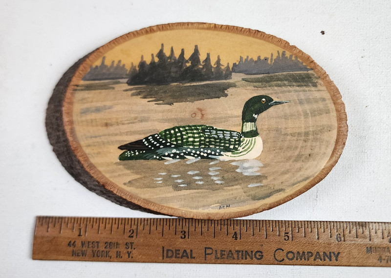 VTG Rustic Loon Duck Original Folk Art Painting Wood Slab Live Edge Signed Cabin gallery