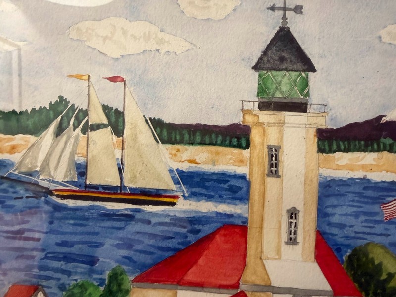 Two Naive Folk Art Landscape Watercolor Paintings Lighthouse Horse Cart, Boat gallery