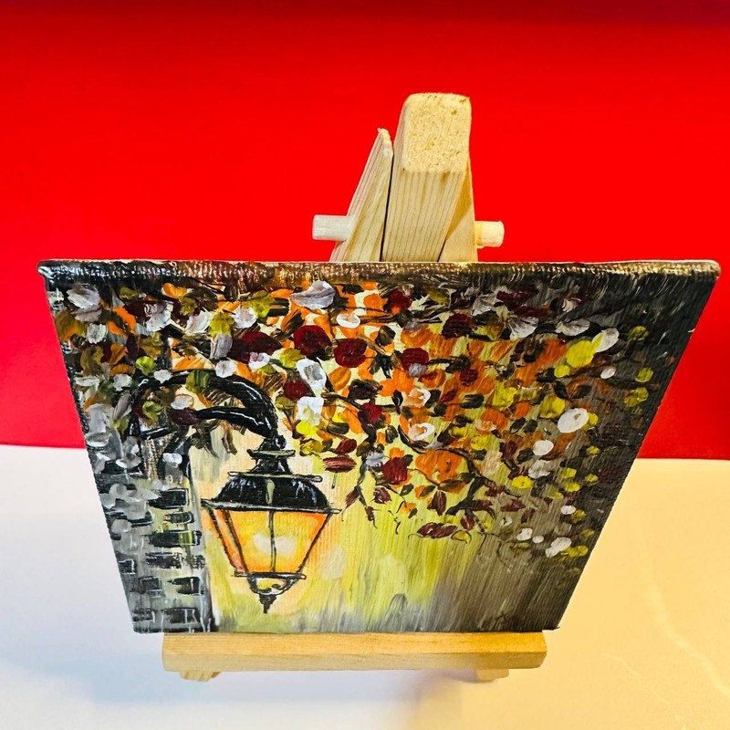 Original Canvas Acrylic Painting Street Lamp Floral Night Warm Glow 10cm*10cm gallery