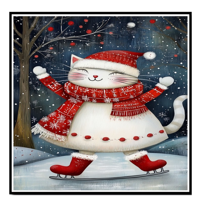 Christmas Cat Ice Skating Holiday Decor Flat Rolled, Framed Or Wrapped Canvas gallery