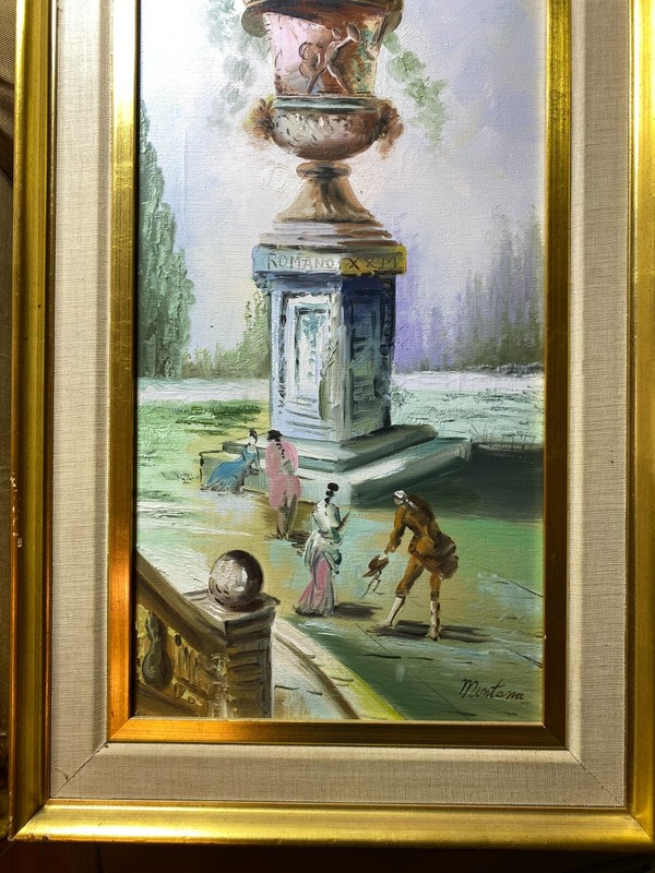 Large Montana "A Park Scene With Figures" Oil Painting #1 - Signed And Framed gallery