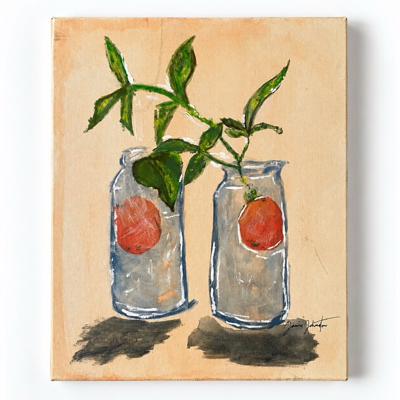 Signed Original Acrylic Still Life Painting on Canvas Fruit Jars Folk Art 14×11
