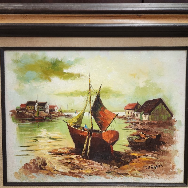 Vintage Framed/Matted Oil Painting On Canvas Alan Simpson Coastal Scene Sailboat gallery