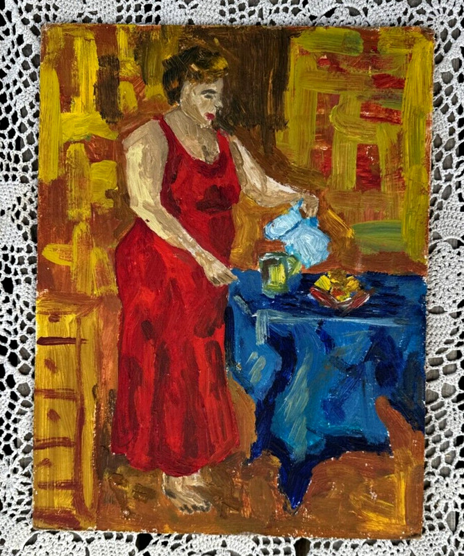 Handmade oil painting woman Ukrainian vintage 1960s Length 14inch Width11