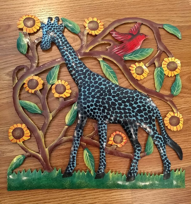 Giraffe Bird Sunflowers Trees Painted Metal Folk Art Wall Hanging Décor 12″x12″