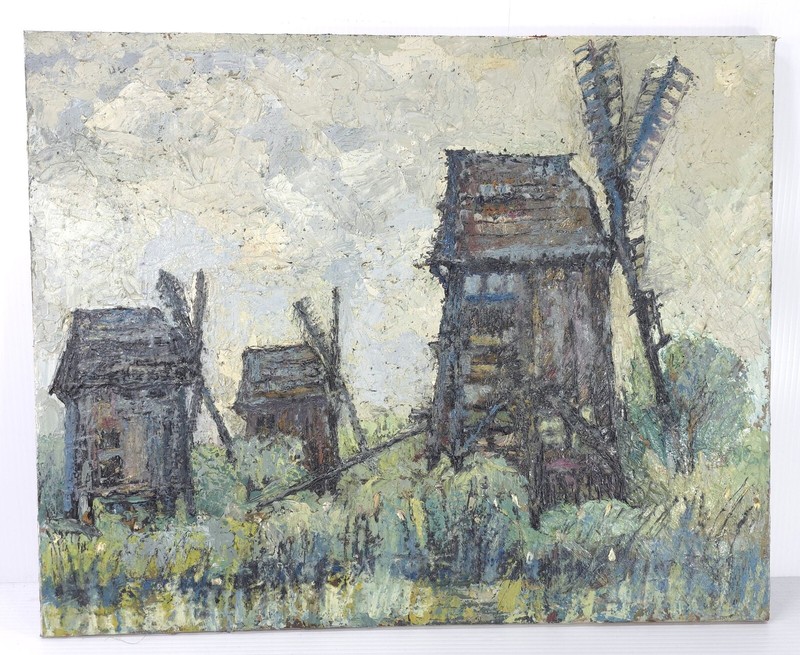 Antique Eastern European Signed Illegible Oil on Canvas Painting of Windmills