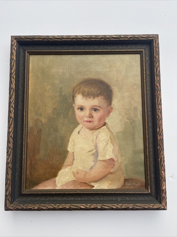 ANTIQUE Edith White Painting Baby Boy Child Infant Famous California Artist Oil