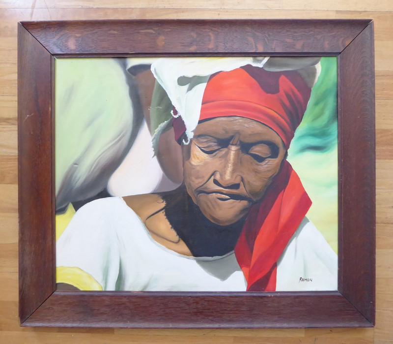 Vintage Haiti or Jamaica Painting Old Woman in Turban signed Ramon, Oak Frame