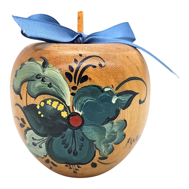 Vintage Wood Apple With Rosemaling Painting Norwegian Scandinavian Signed Art