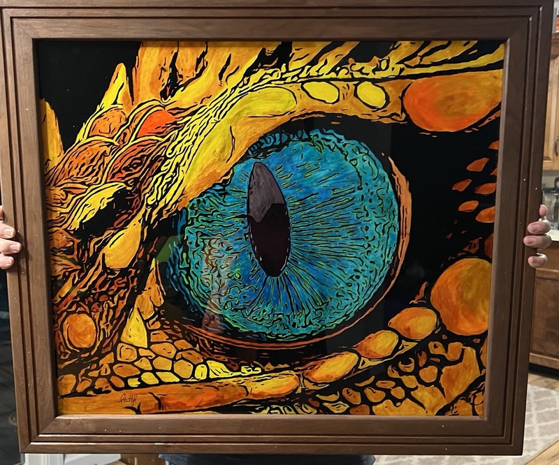 OOAK Lizard Eye Acrylic Painting On Glass Bearded Dragon “Pogona Barbata” Framed
