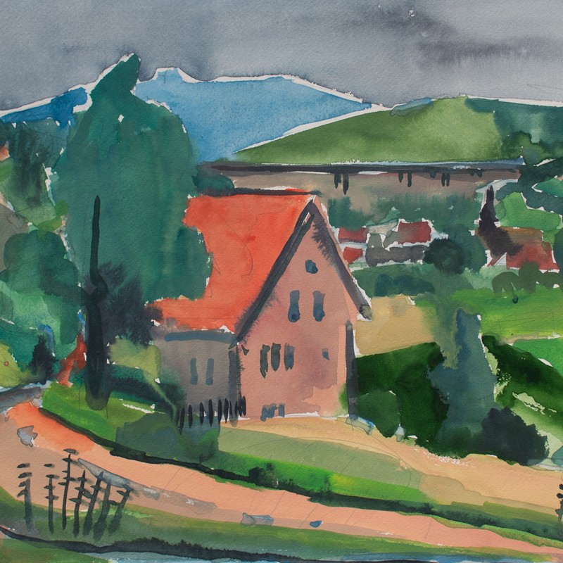 Landscape Schulte-Dahling Gerhard Village Expressionism Orig Watercolour Unsigned