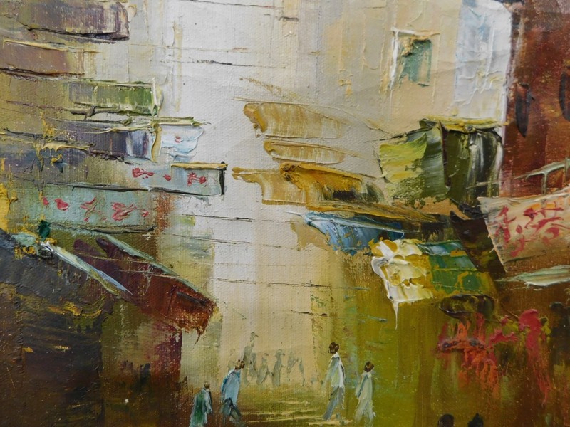 Kam Hoi 1960 Abstract Expressionist Modern Cityscape Oil Painting signed 18 x 15 gallery