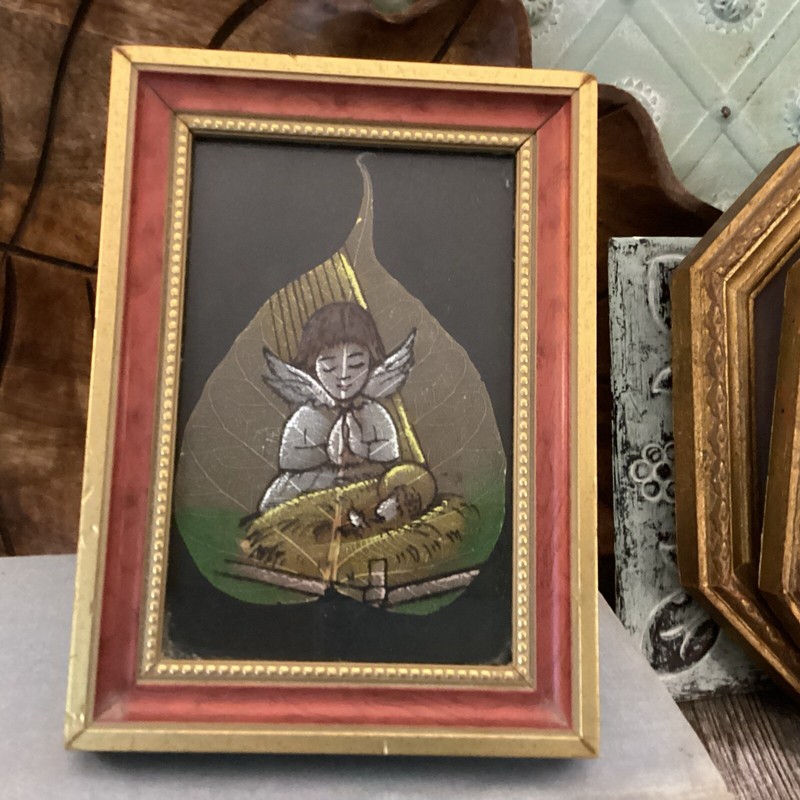 Sacred Peepal Hand Painted Leaf Traditional Angel Baby Jesus Frame Estate 5×7