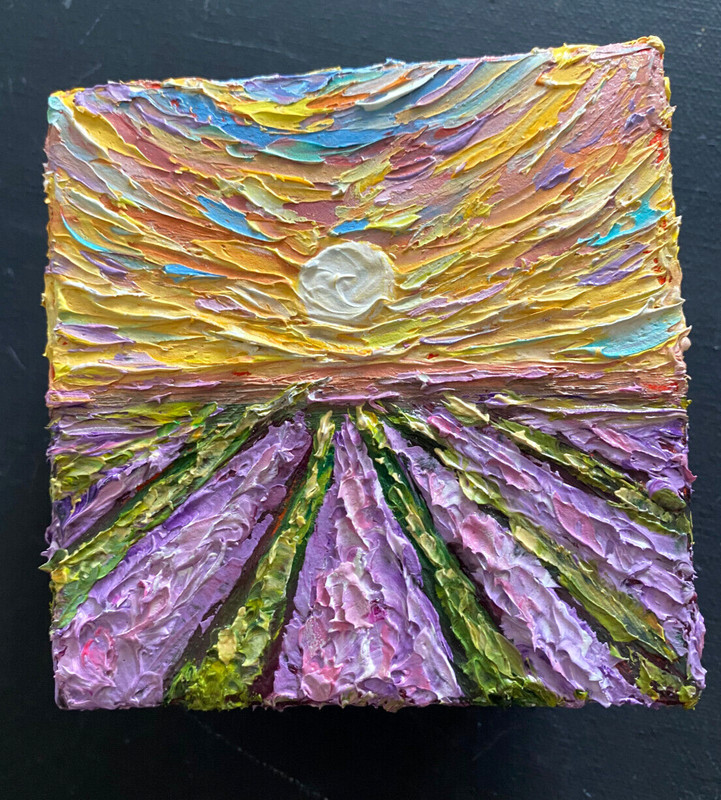 ORIGINAL OIL impasto Painting "LAVENDER FIELD" 4"X4" X 1.5" by Olga Diduh. gallery