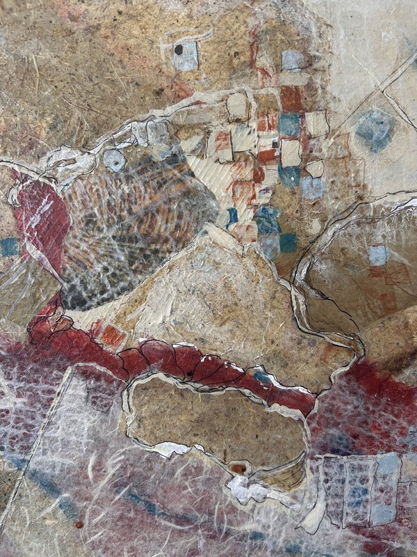 MCM Modern Abstract Oil Mixed Media Collage Ink Splatter Art Canvas 28”x28” gallery