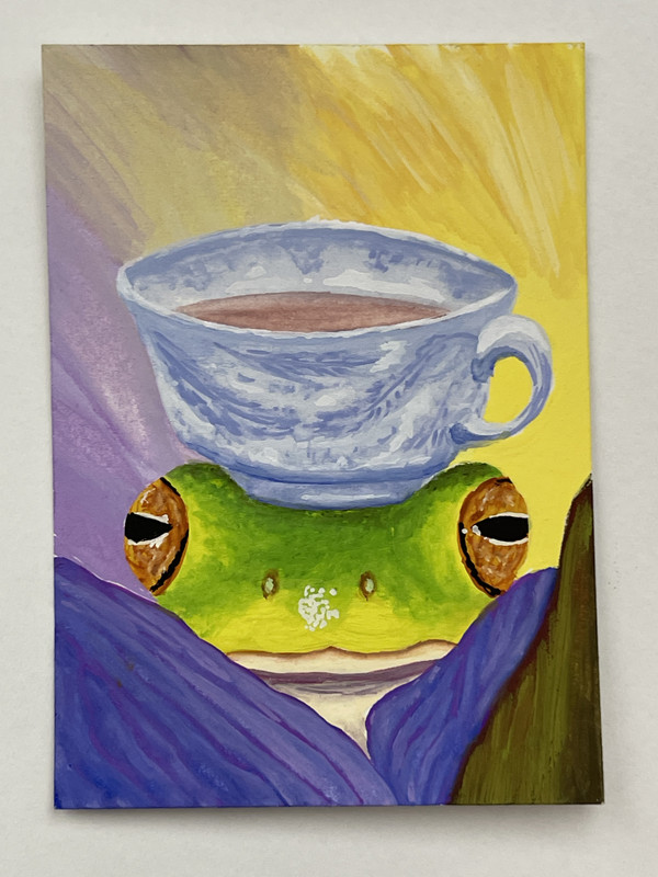 original gouache ACEO frog with tea cup miniature art card signed Heidi Herrera gallery