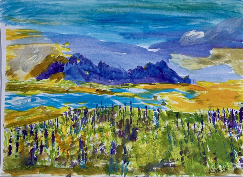 Original Art Hand painted Mountain Spring Sunrise Abstract 10 X 7 by VLong