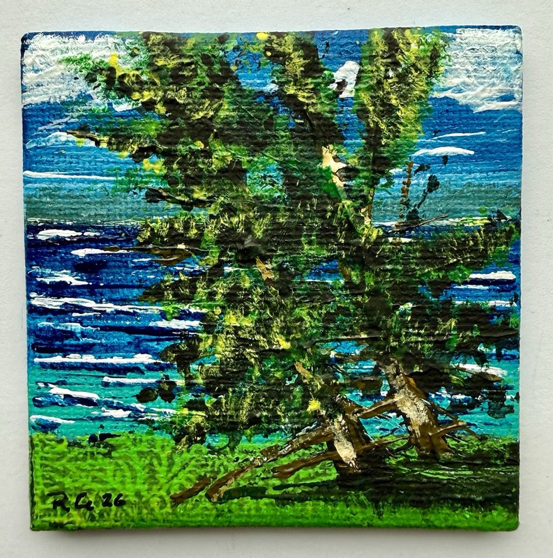 Lake Michigan Landscape Trees Miniature 3×3 Canvas Acrylic Painting A12