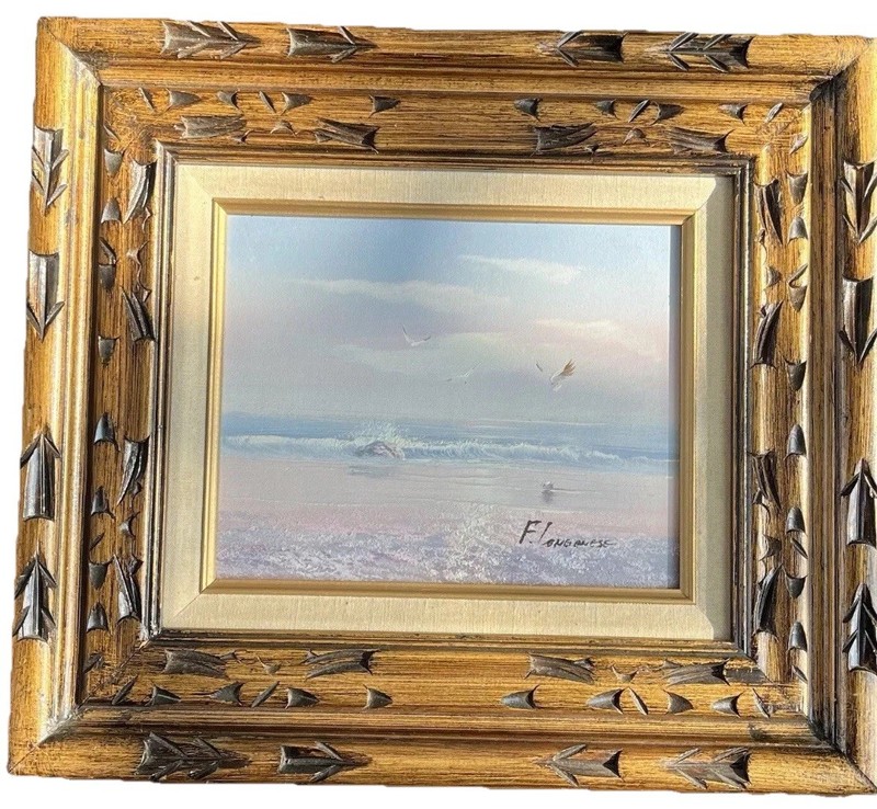 F. Longanese Signed Ocean Seascape Oil Painting Hand Carved Wood Frame Vintage