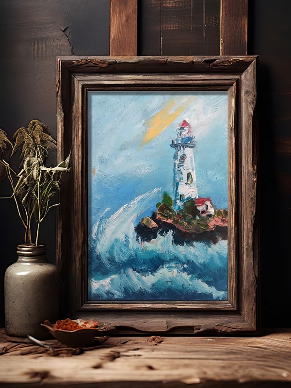 Small oil painting 5×7″ Lighthouse against stormy waves seascape handmade