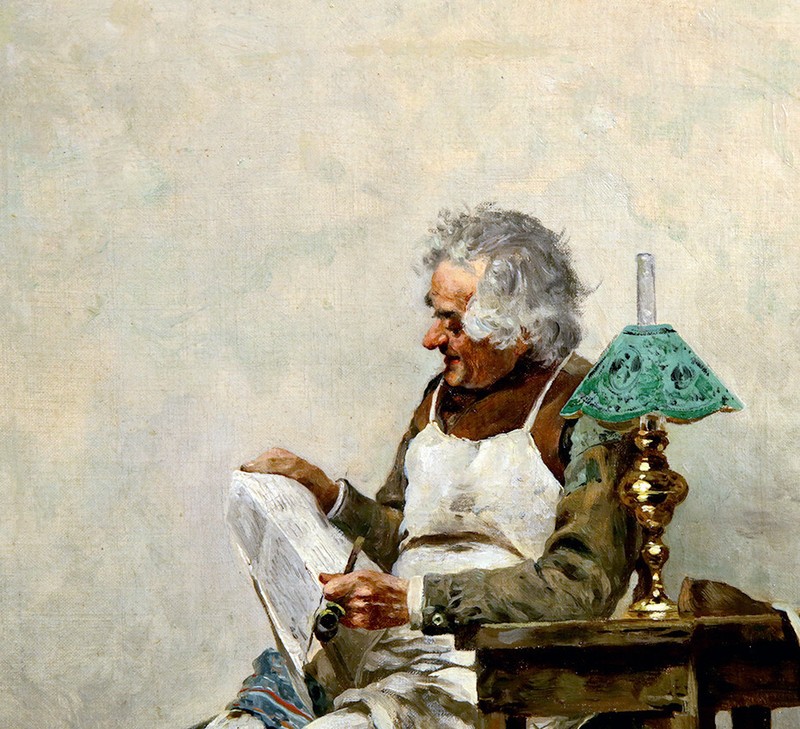 19th Century Italian Genre Portrait of A Family Elder Man Reading Paper gallery