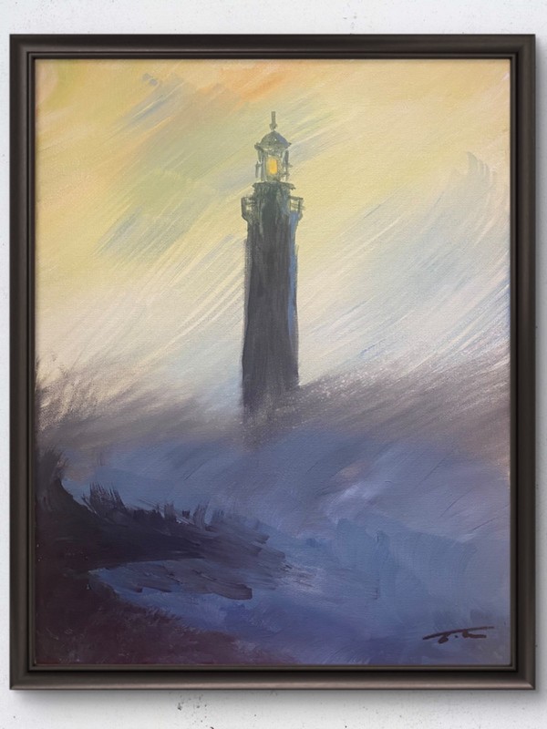 Lighthouse Stormy Sea Expressionist Acrylic Original Art 14×11 Canvas