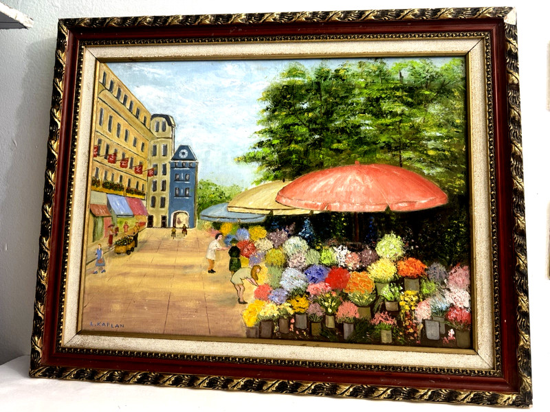 ORIGINAL ART IMPRESSIONISM FOLK ART MARKETPLACE COLOR BURST SGND FRMD