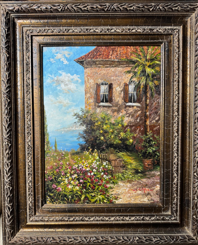 L.L Lynn «Lakeside Villa Landscape Scene» Oil Painting – Signed And Framed