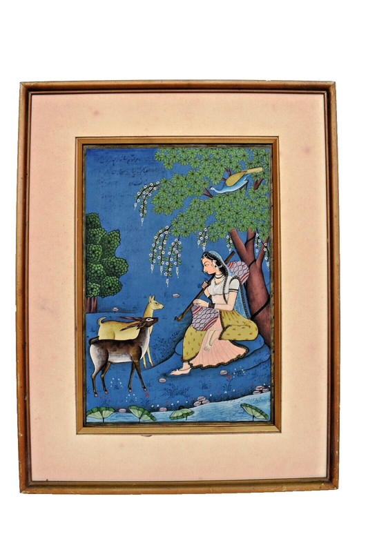 Antique Indian Miniature Painting Woman Playing Flute Deer Nature Scene Fabric