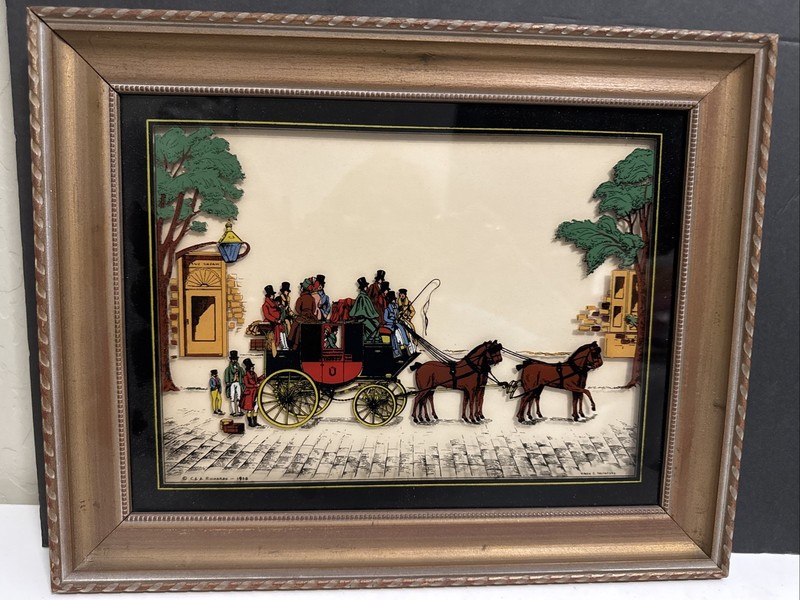 1938 Antique Reverse Painted Glass Vitalie Z Terletzky Horse Coach Carriage Art