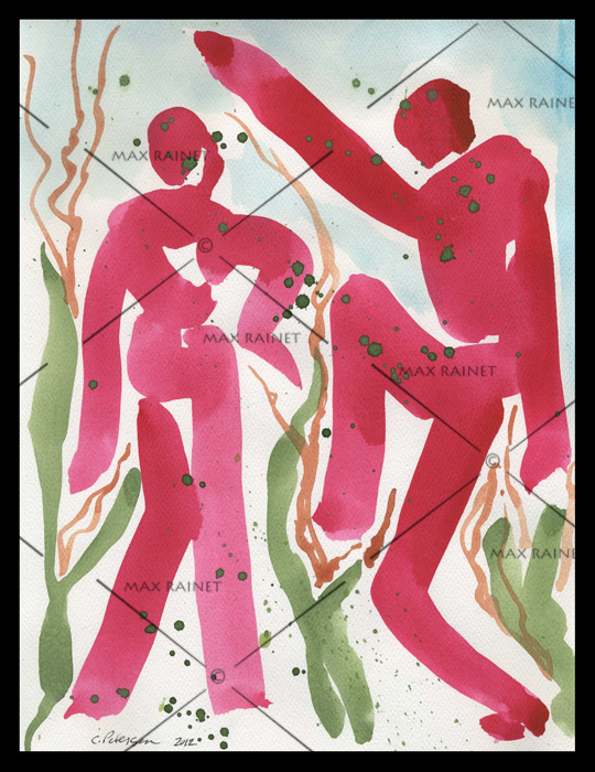 Rain Dance for Spring figures = C PETERSON Original Watercolor PAINTING = Listed gallery